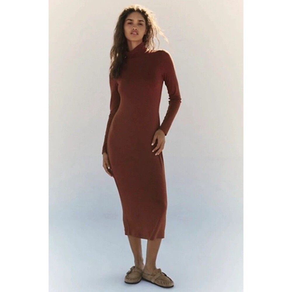 Free People Free-est Sz XL Burnt Orange Mock Neck Long Sleeve Midi Dress
